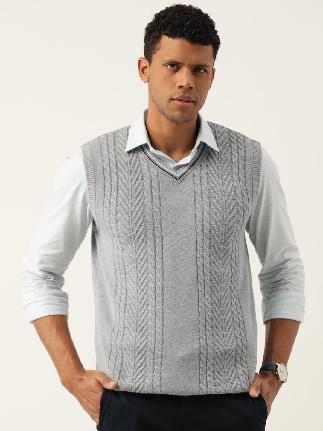 

Monte Carlo Men Cable Knit Cotton Sweater Vest, Grey