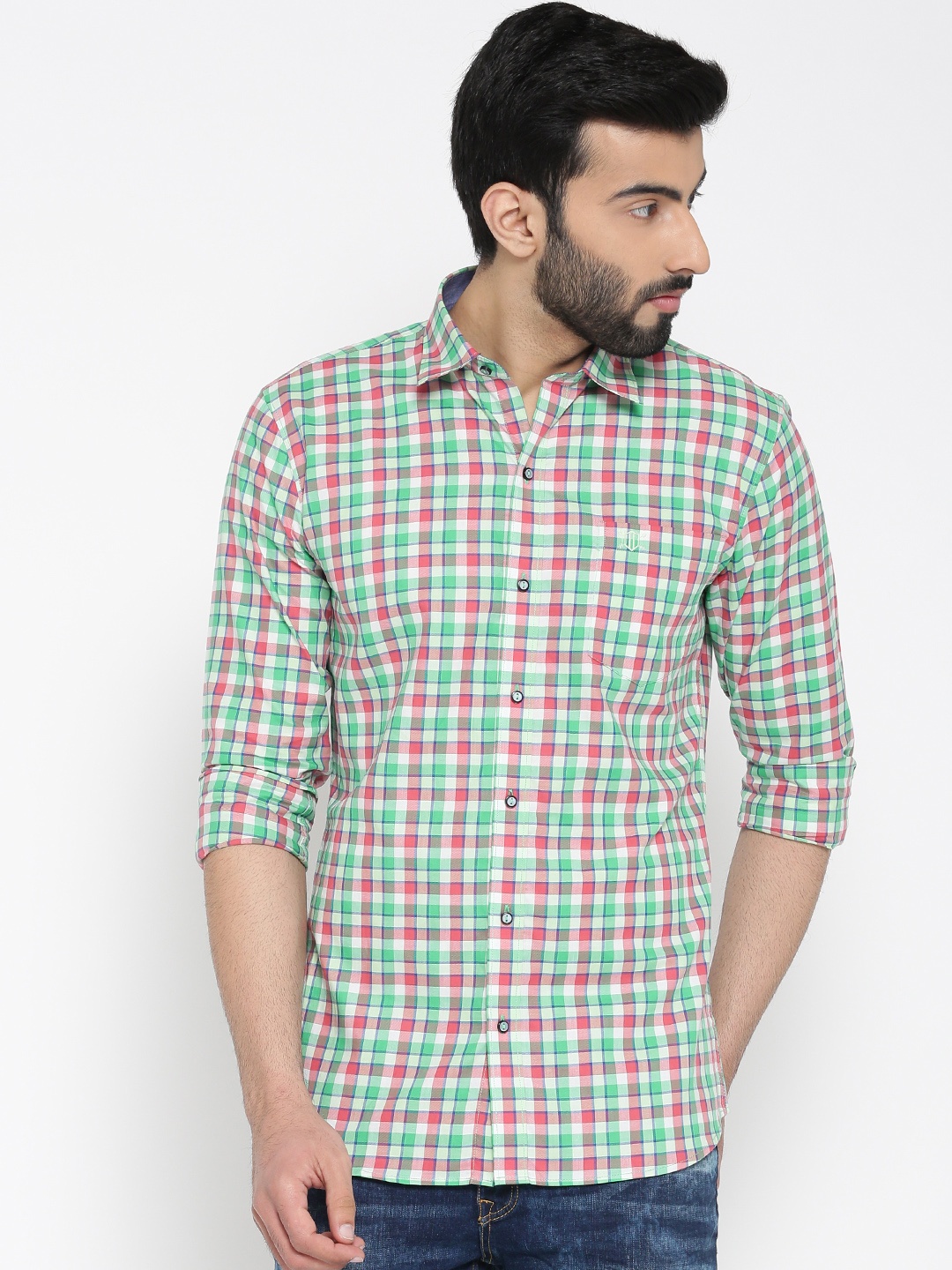 

Duke Stardust Men Green & Coral Red Checked Casual Shirt