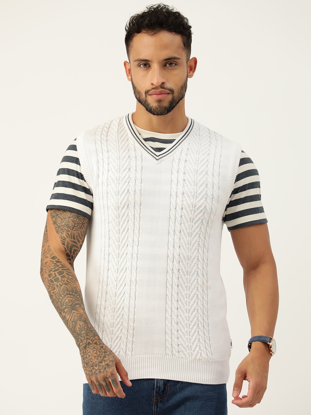 

Monte Carlo Men Pure Cotton Cable Knit Sweater Vest, White