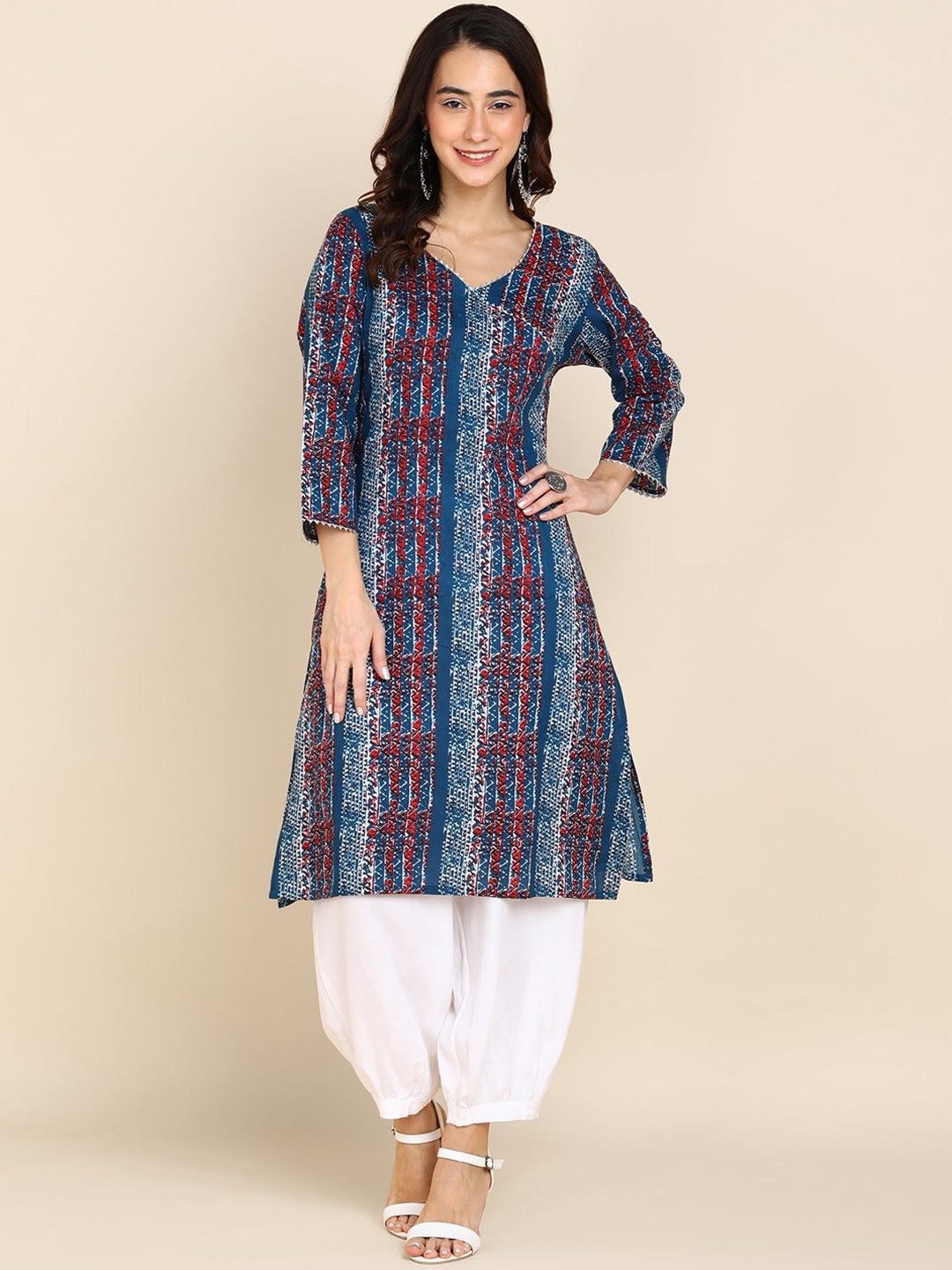 

Sangria Abstract Printed V-Neck Pure Cotton Kurta With Patiala, Blue