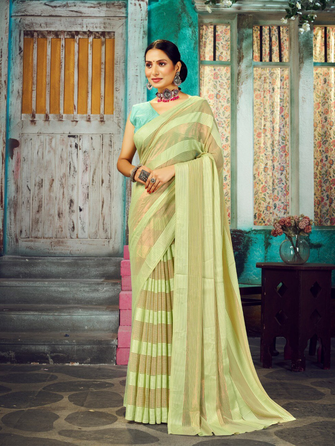 

FLOURIOUS Striped Pure Georgette Banarasi Saree, Olive