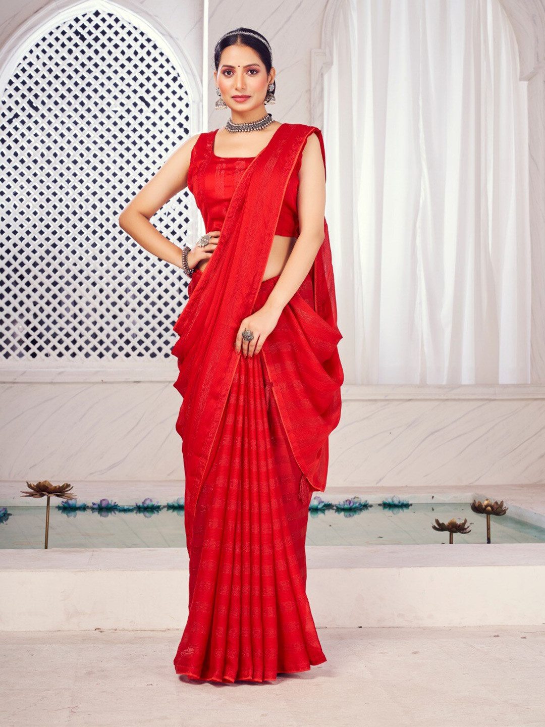 

FLOURIOUS Striped Pure Chiffon Saree, Red