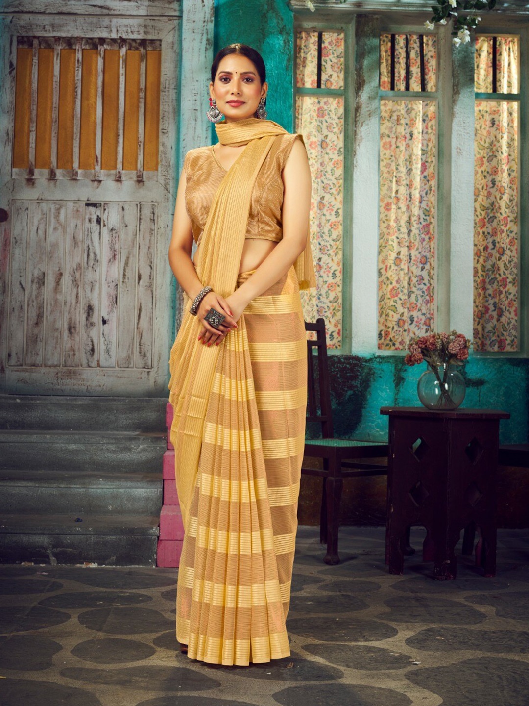 FLOURIOUS Striped Weightless Pure Georgette Saree, Mustard