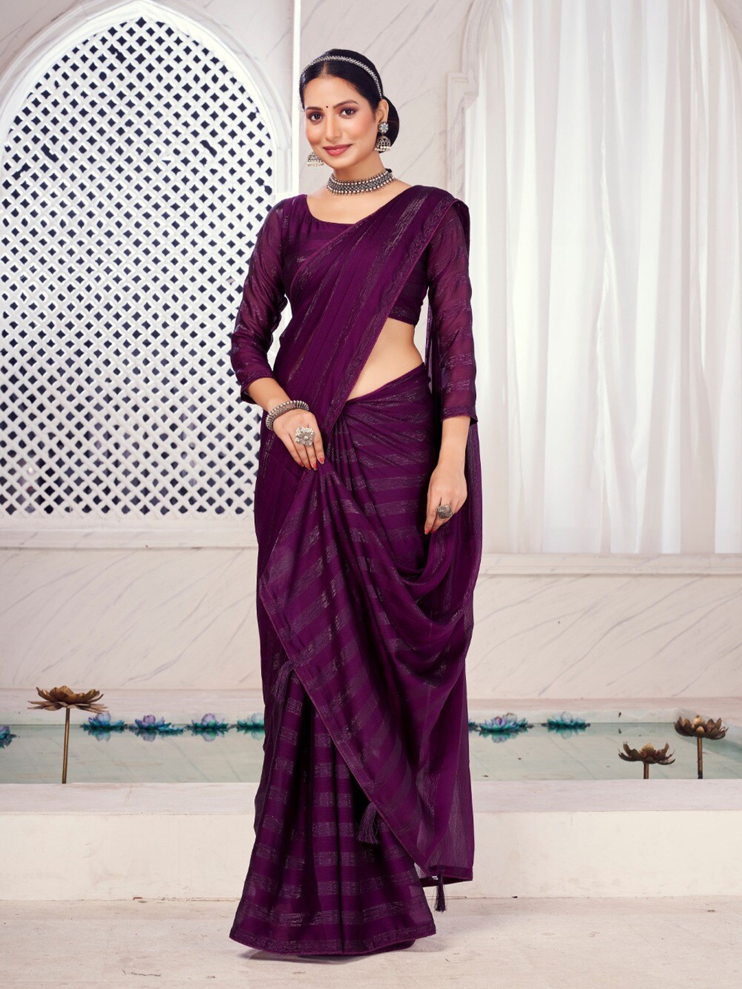 FLOURIOUS Striped Pure Chiffon Saree, Purple