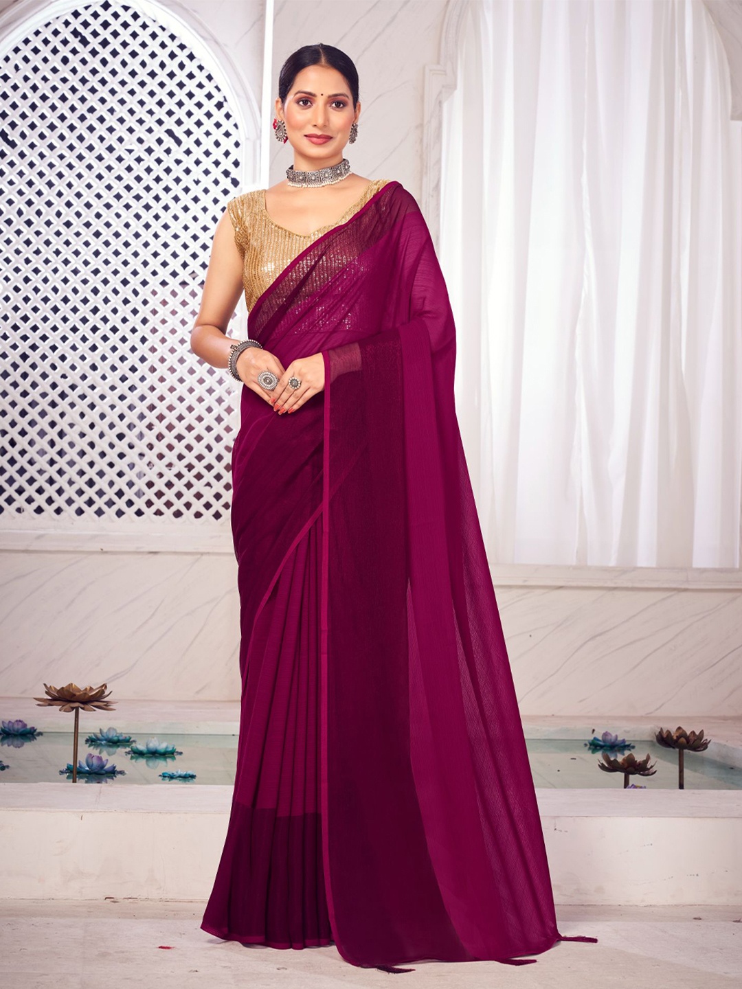 

FLOURIOUS Pure Chiffon Saree, Burgundy