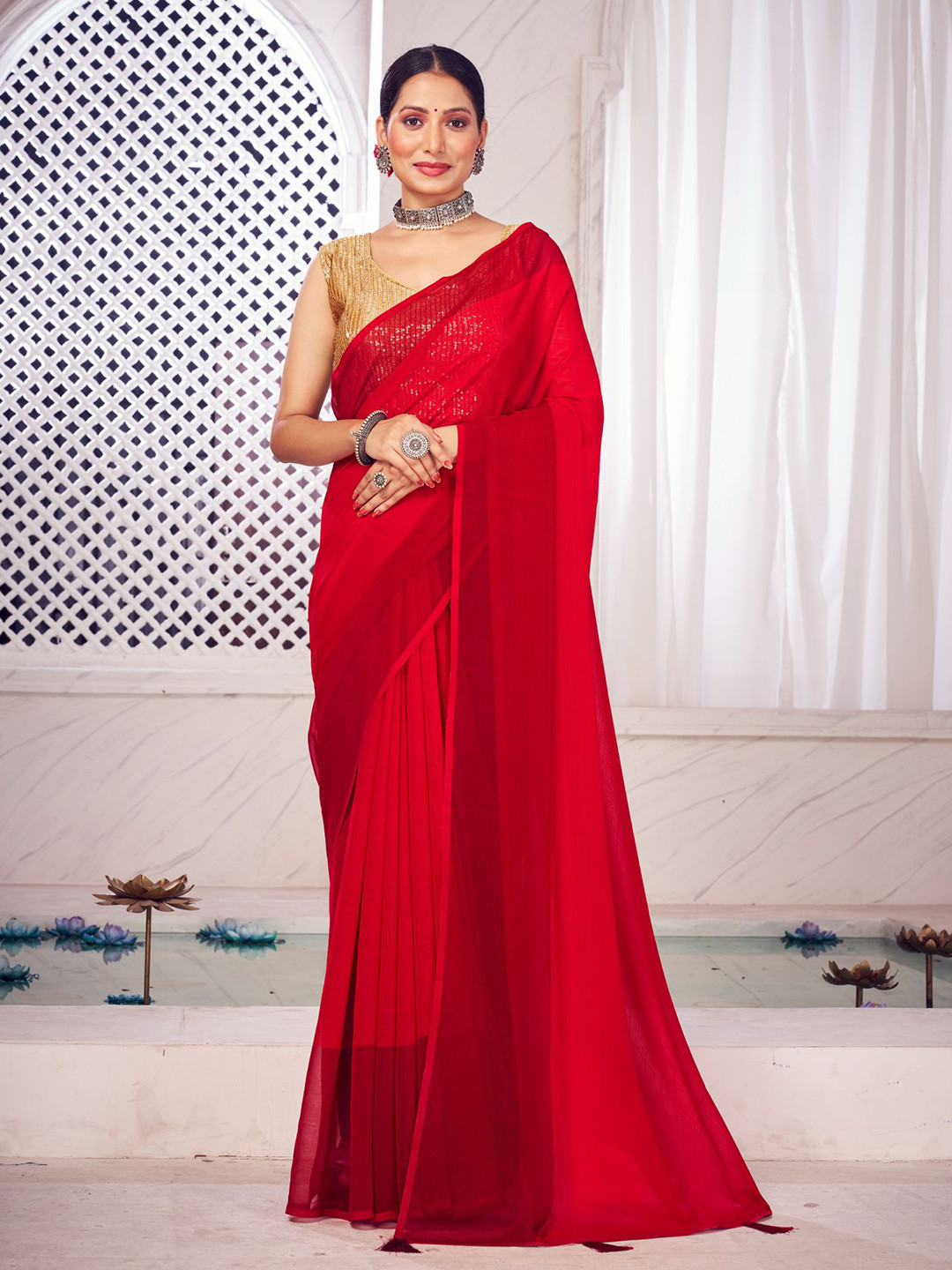 

FLOURIOUS Pure Chiffon Saree, Red