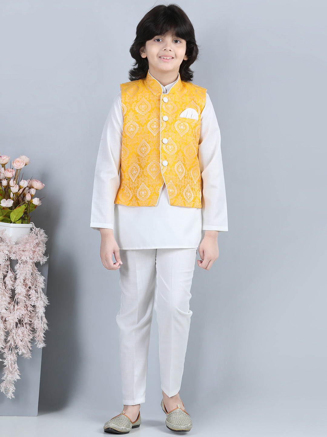 

Aj DEZInES Boys Band Collar Kurta with Pyjamas & Nehru Jacket, White