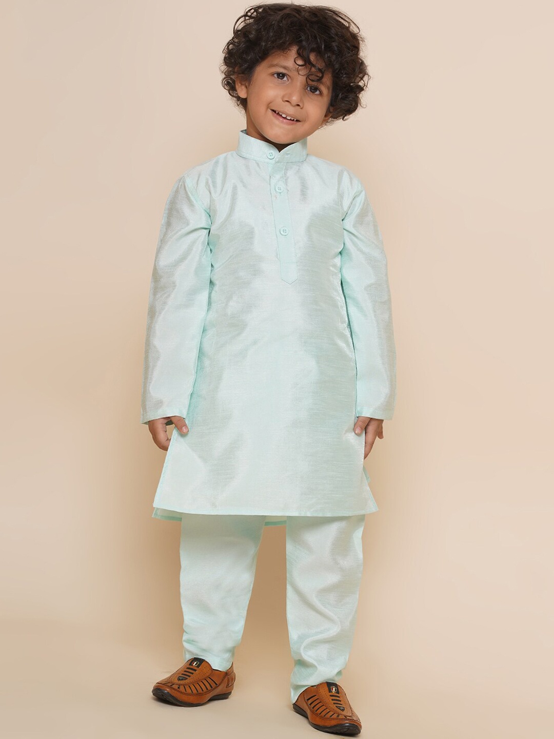 

Aj DEZInES Boys Mandarin Collar Kurta with Pyjamas, Turquoise blue