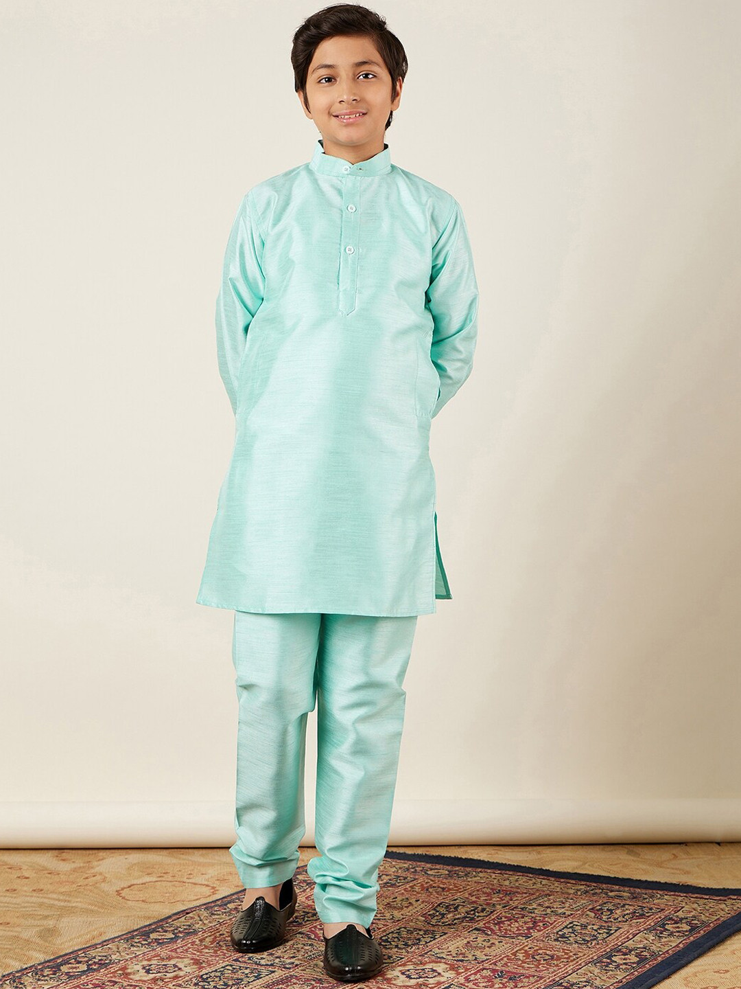 

Aj DEZInES Boys Band Collar Kurta with Churidar, Turquoise blue