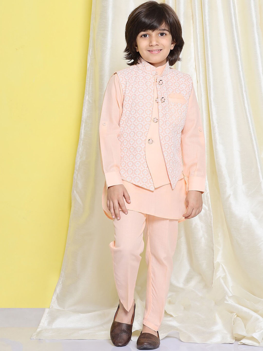 

Aj DEZInES Boys Pure Cotton Kurta with Trousers & Nehru Jacket, Peach