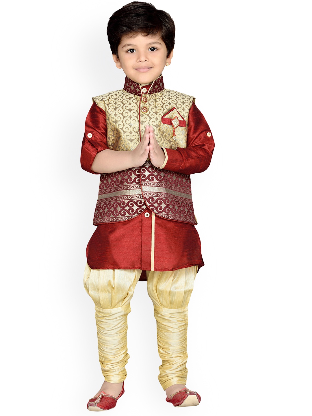 

Aj DEZInES Boys Band Collar Kurta With Pyjamas & Nehru Jacket, Maroon