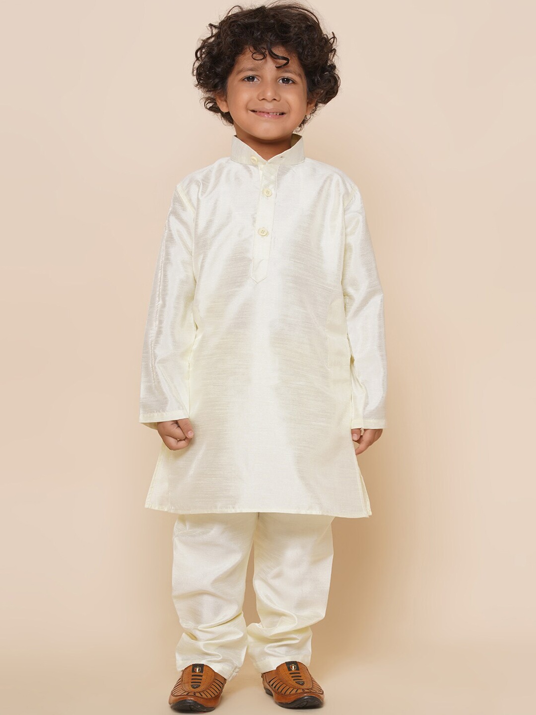 Aj DEZInES Boys Band Collar Kurta with Pyjamas, Off white