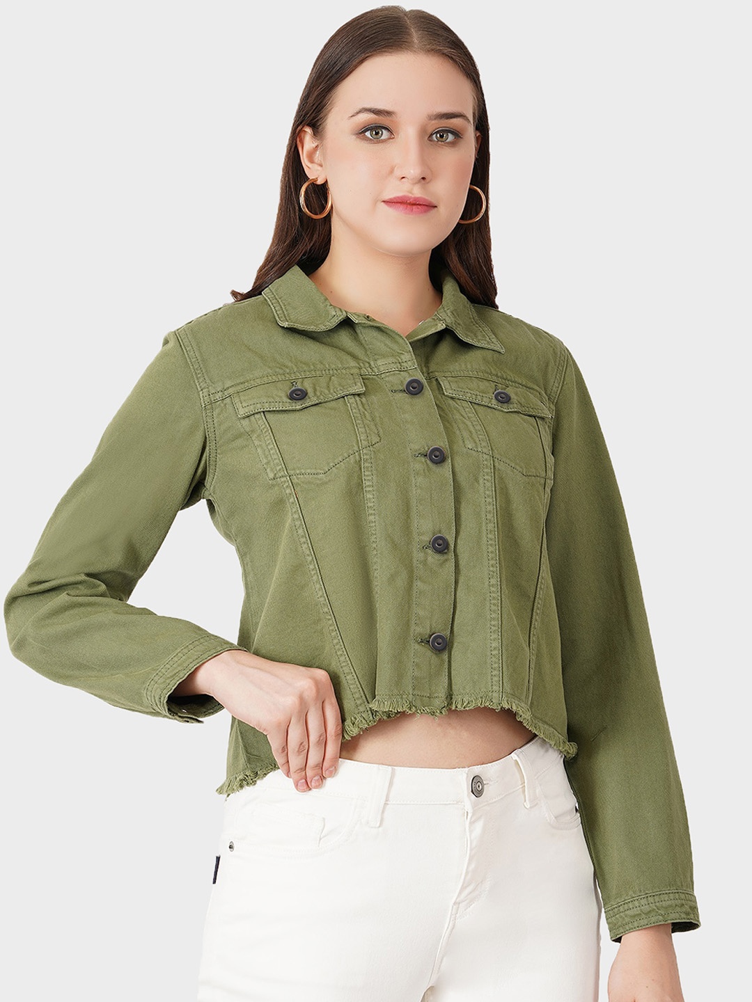 Roadster Green Spread Collar Denim Crop Jacket