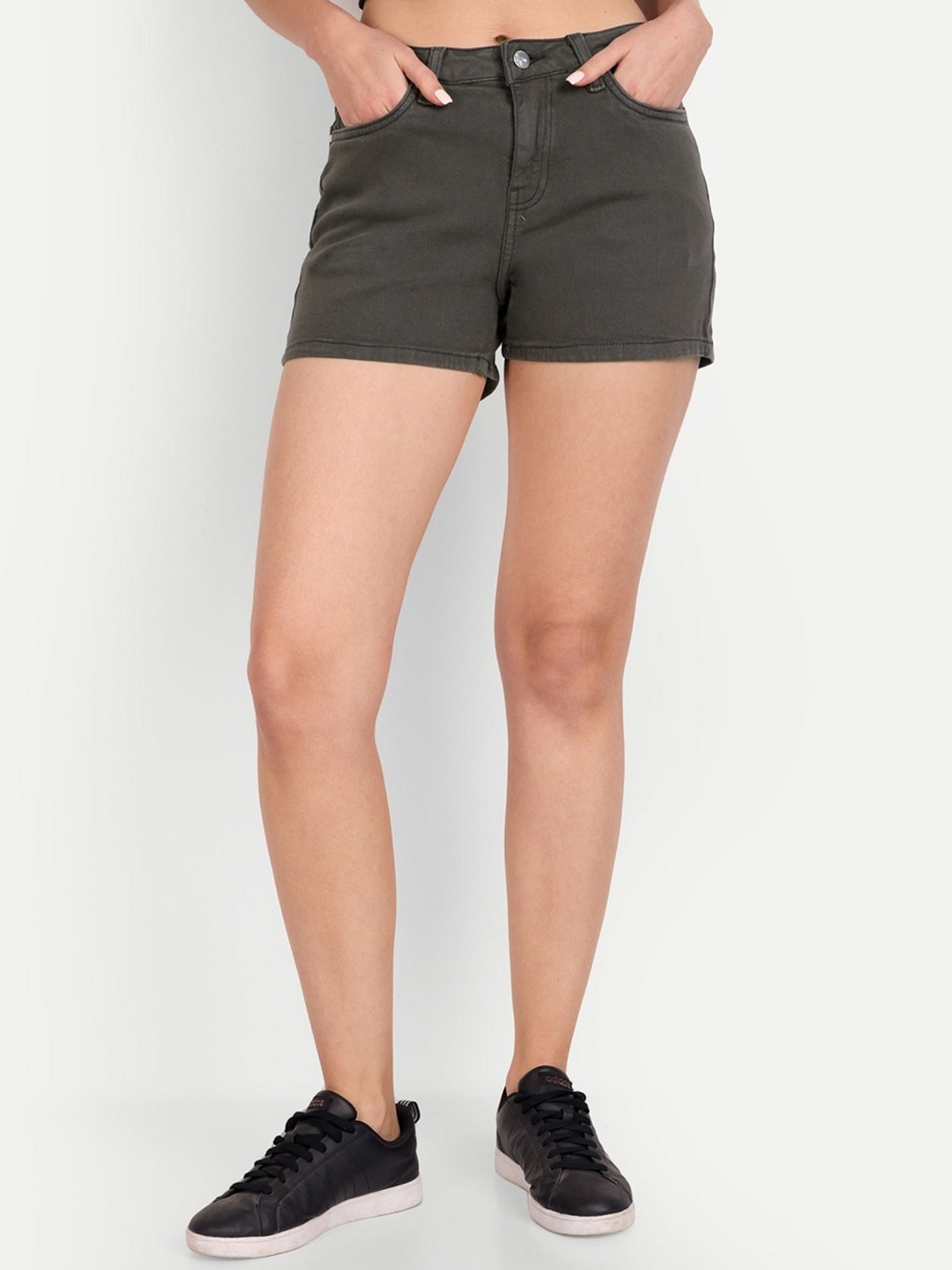

Roadster Women High-Rise Slim Fit Denim Hot Pants Shorts, Olive
