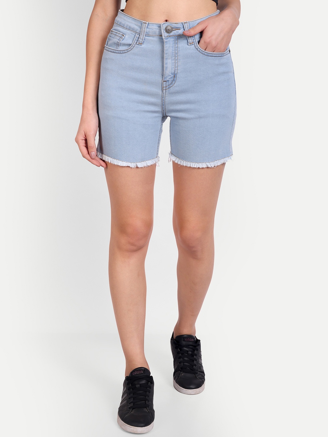 

Roadster Women High-Rise Washed Fringed Denim Shorts, Blue