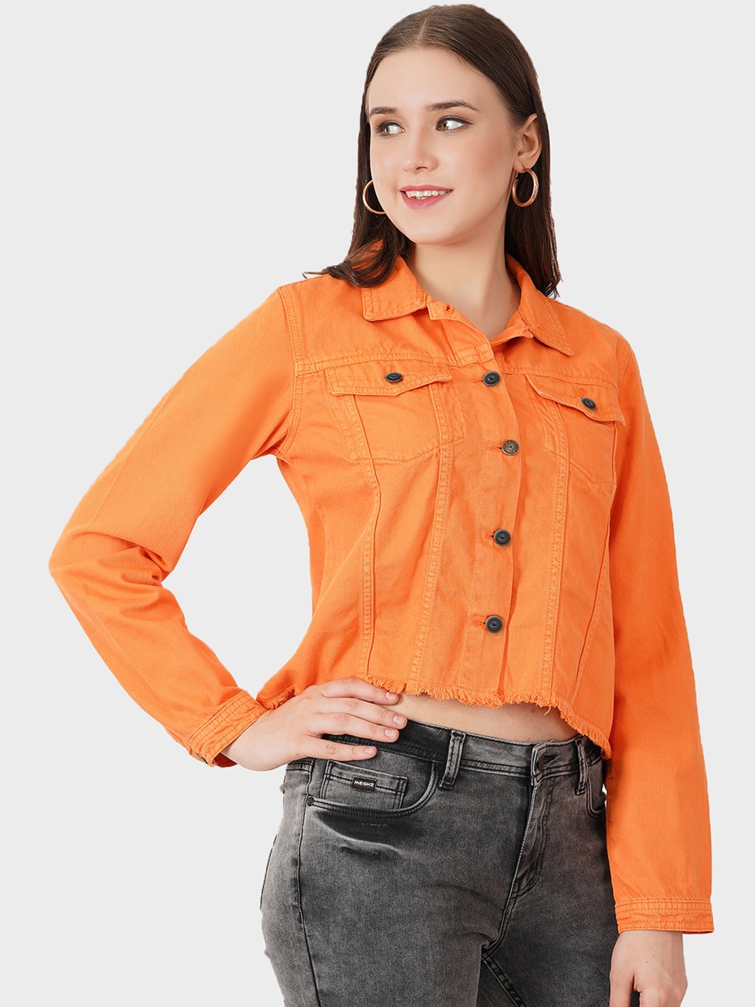 

Roadster Orange Spread Collar Denim Crop Jacket