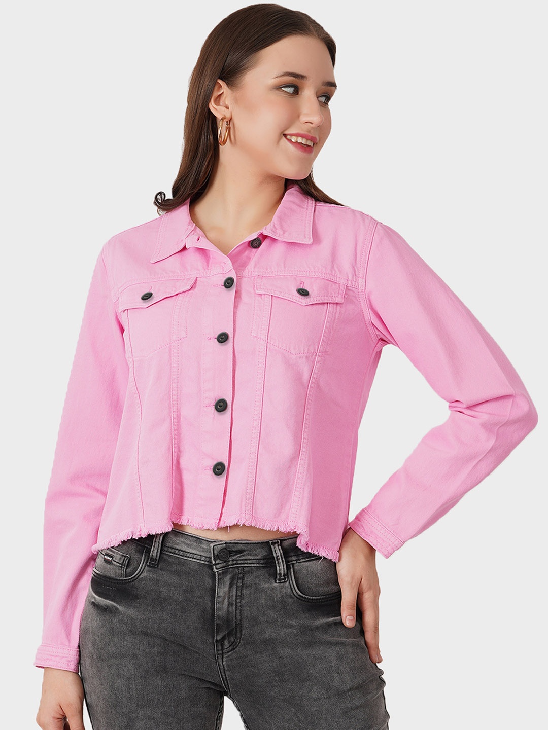 Roadster Pink Spread Collar Denim Crop Jacket