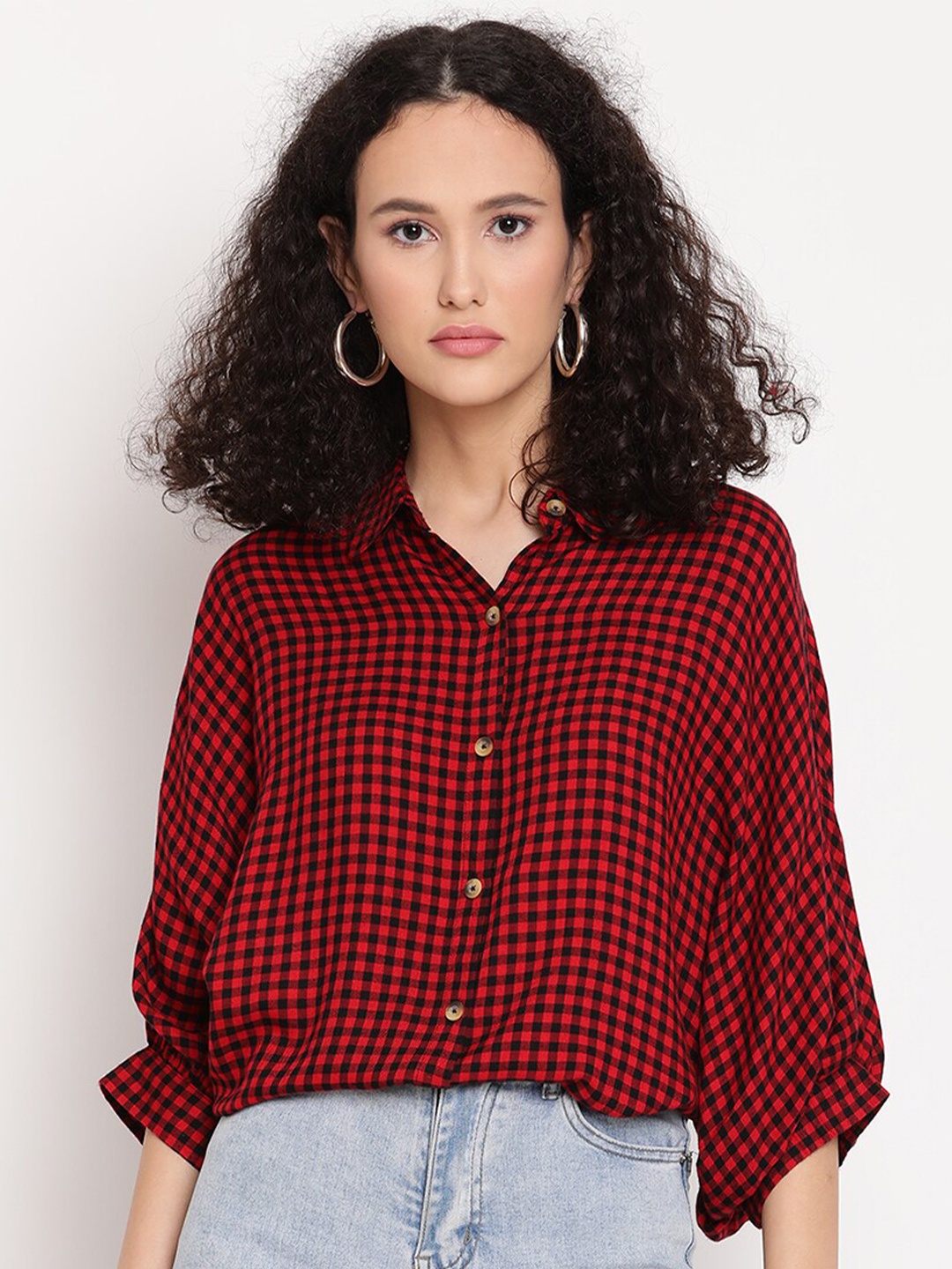 

Amagyaa Checked Puff Sleeves Shirt Style Top, Red