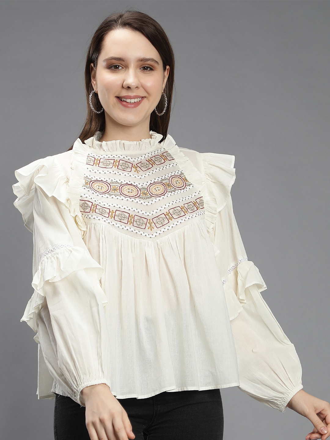 

Amagyaa Embroidered Ruffles A-Line Cotton Top, Off white