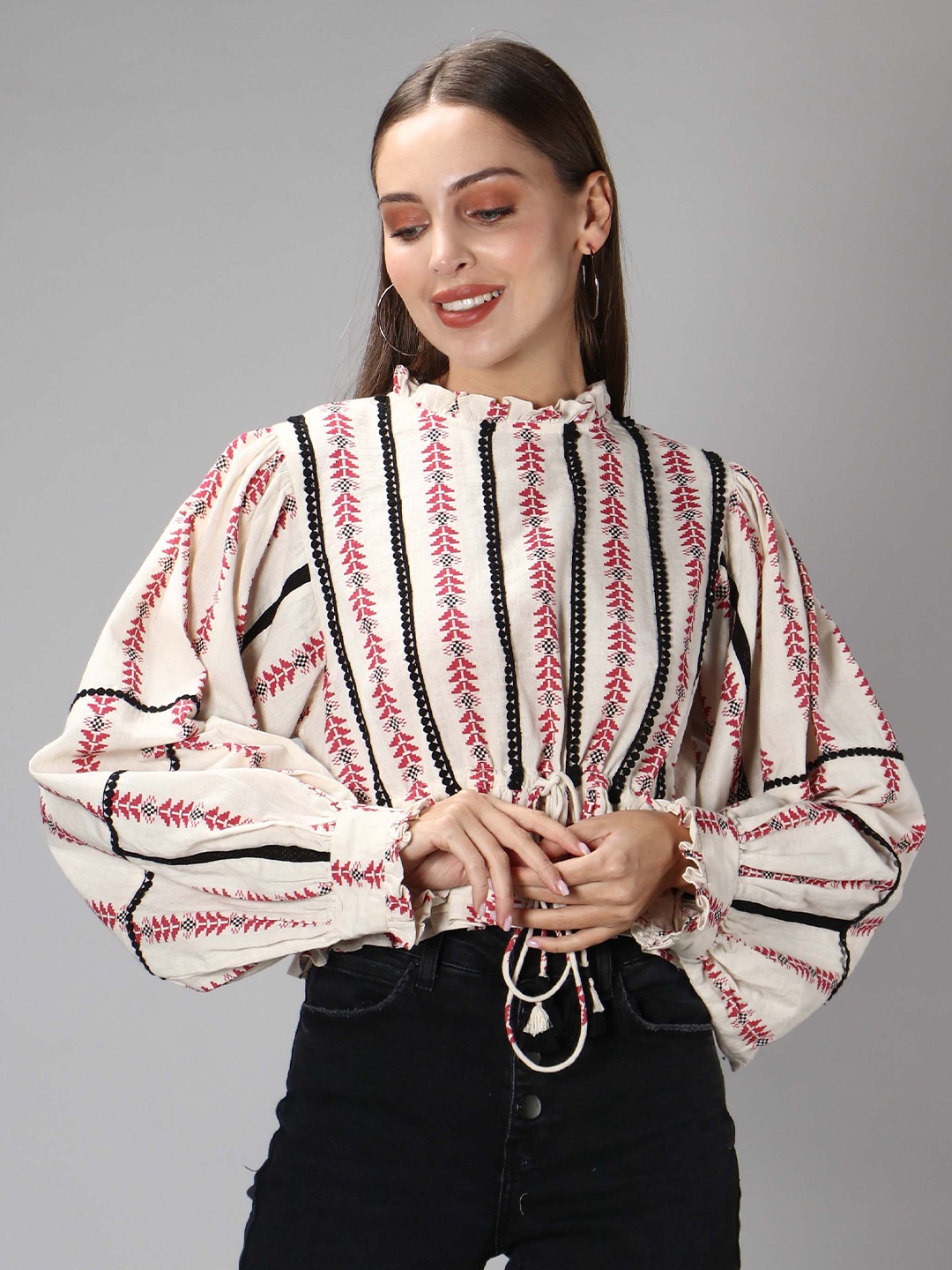 

Amagyaa Geometric Printed High Neck Puff Sleeve Pure Cotton Top, Cream