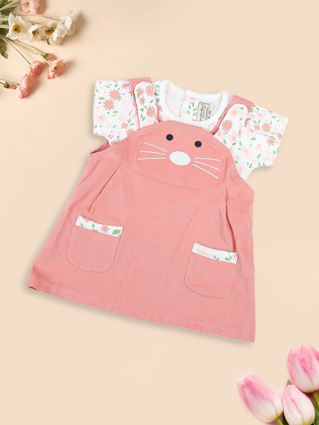 

MeeMee Infant Girls Floral Printed Cotton A-Line Dress, Peach