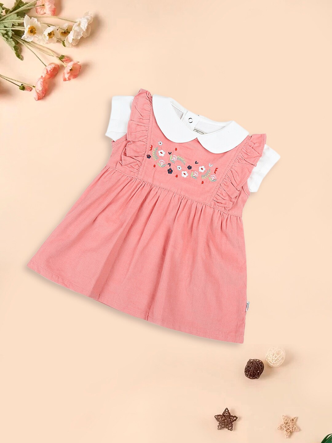 

MeeMee Embroiderd Ruffles Sleeveless A-Line Dress With Top, Peach