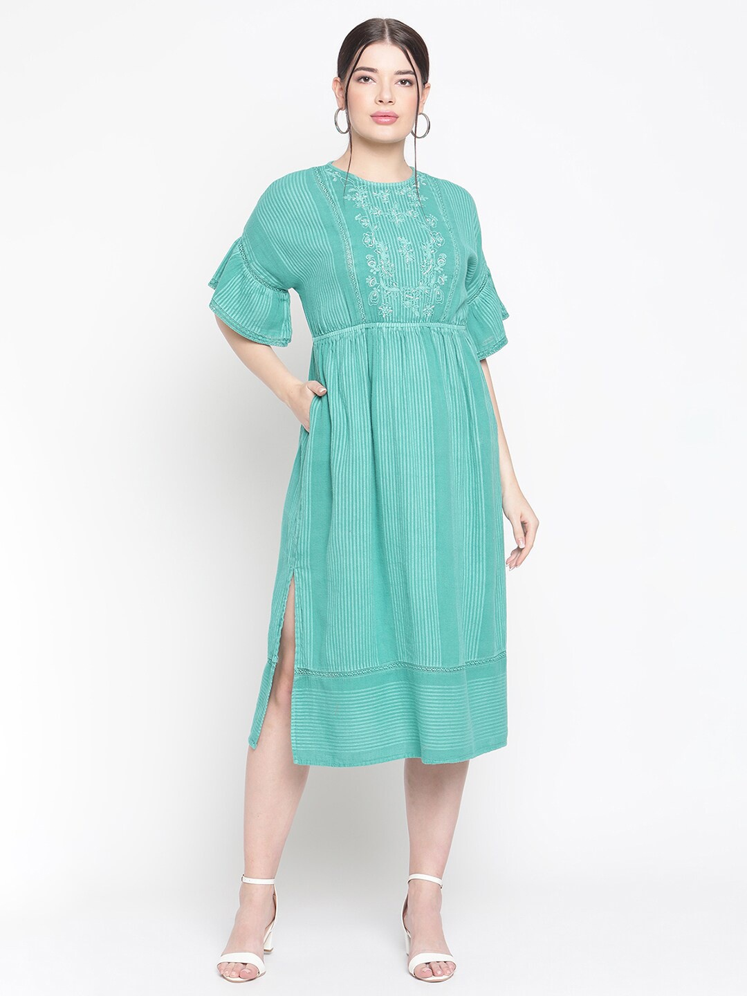 

Amagyaa Striped Bell Sleeve Embroidered Pure Cotton A-Line Midi Dress, Green