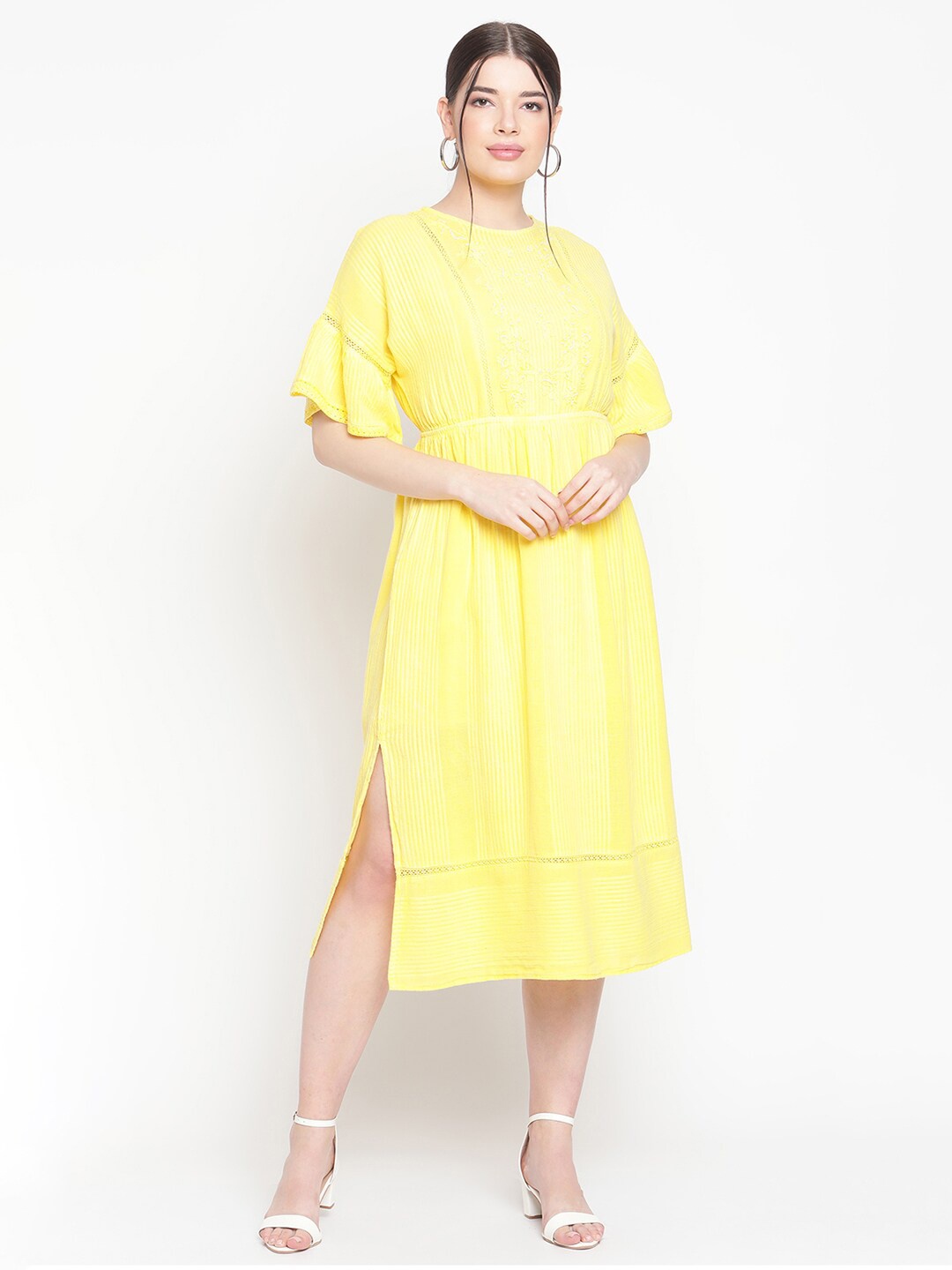 

Amagyaa Striped Bell Sleeve Embroidered Pure Cotton A-Line Midi Dress, Yellow