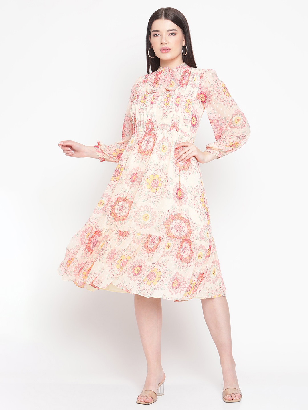 Amagyaa Floral Printed Tie-Up Neck Gathered Tiered A-Line Midi Dress, Beige