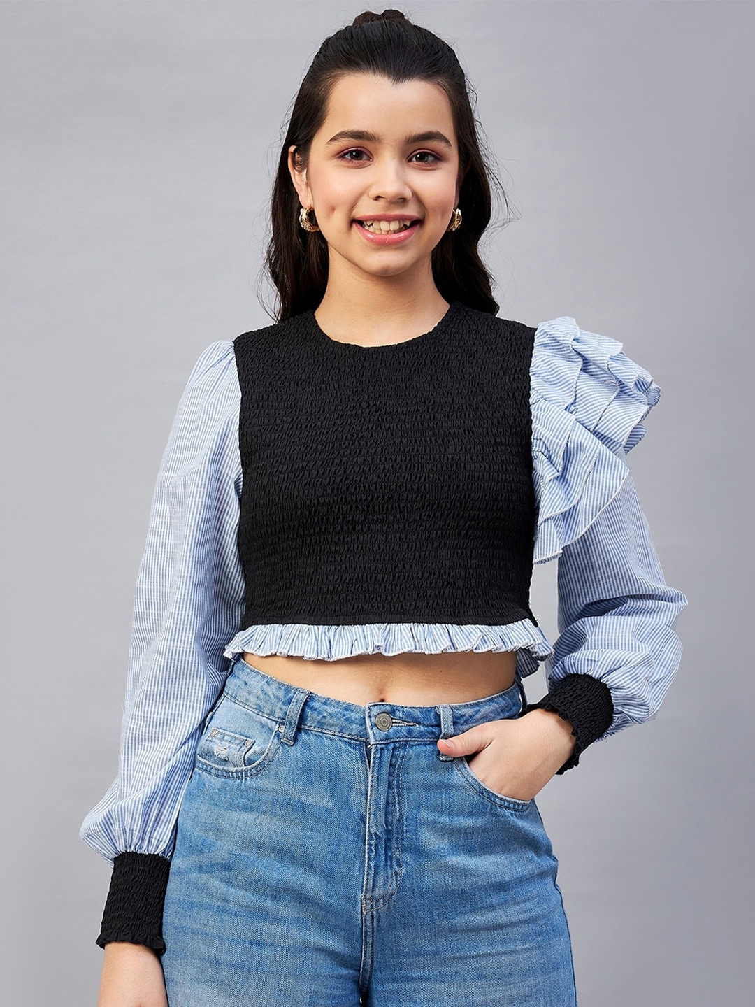 

Antheaa Blue & Black Striped Puff Sleeves Smocked Cotton Crop Top