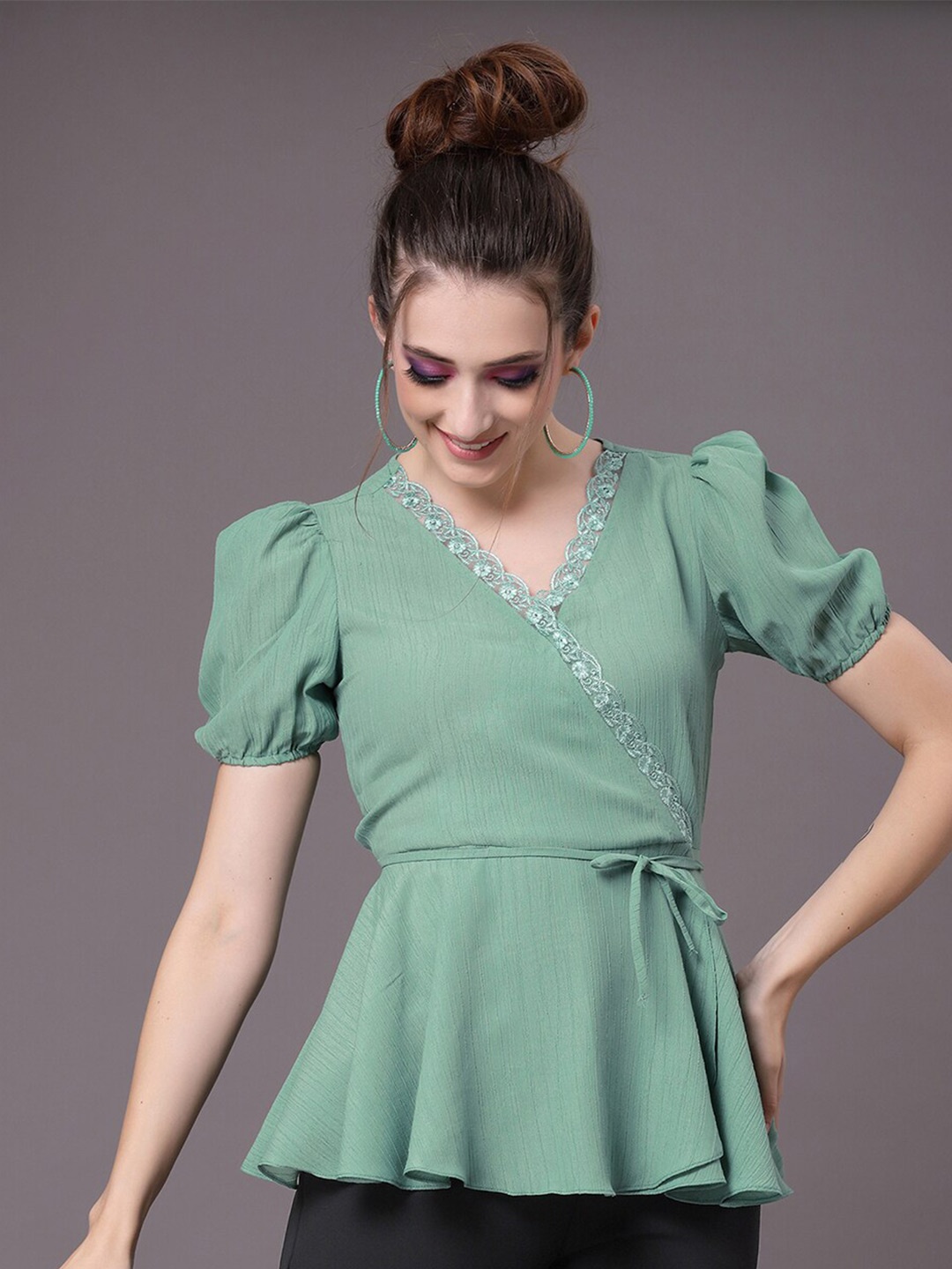 

Selvia Puff Sleeves Tie-Ups Wrap Top, Green
