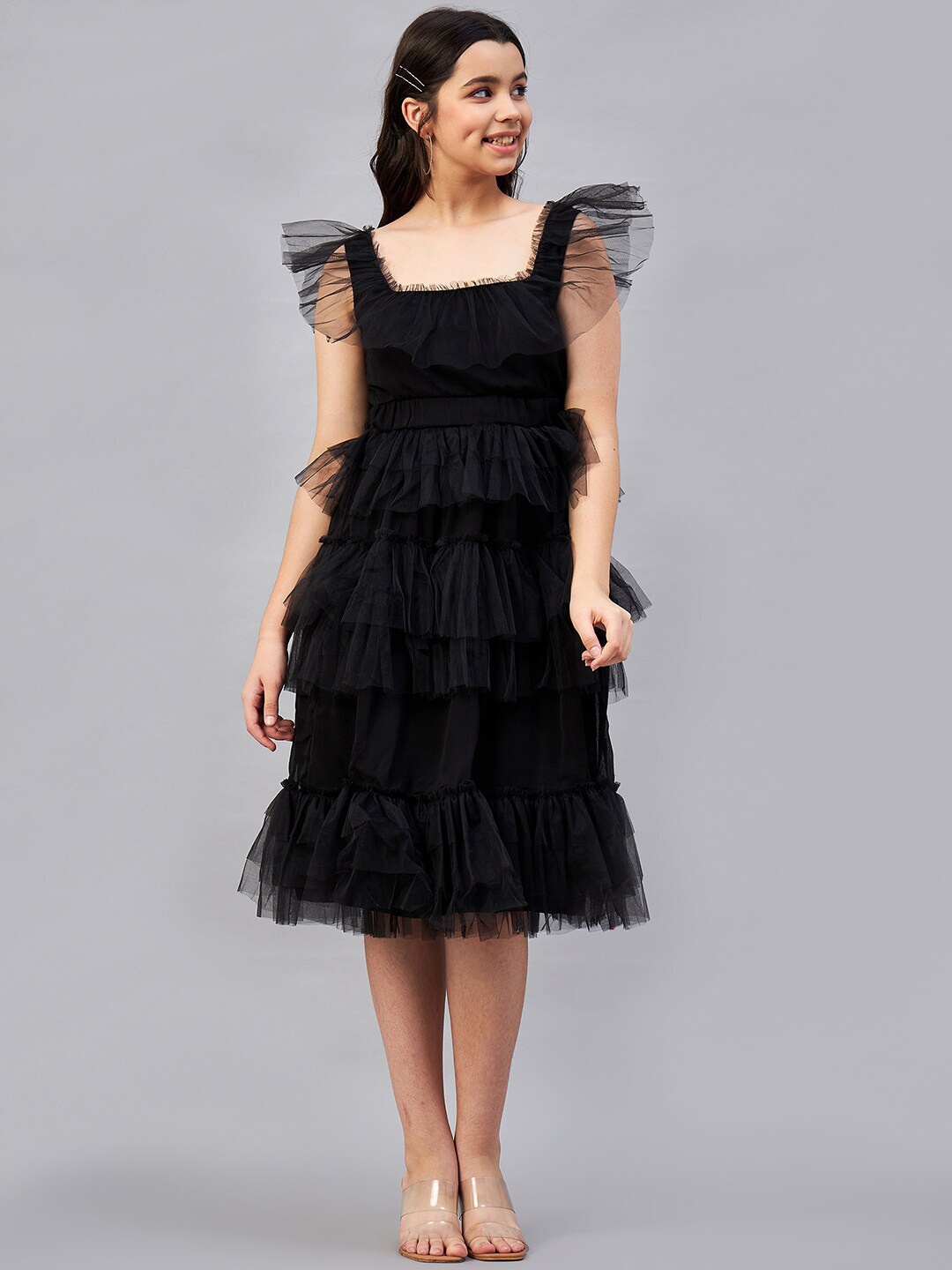 

Antheaa Girls Black Flutter Sleeve Layered Fit & Flare Midi Dress