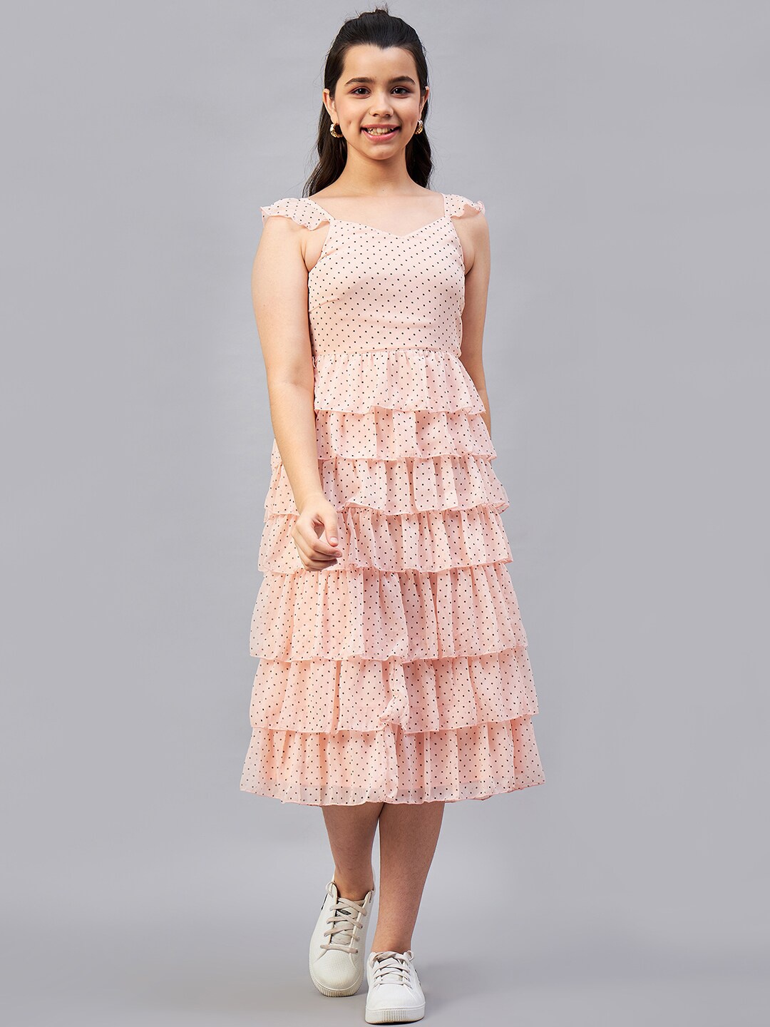 

Antheaa Girls Peach Polka Dots Printed Shoulder Straps Layered Fit & Flare Midi Dress