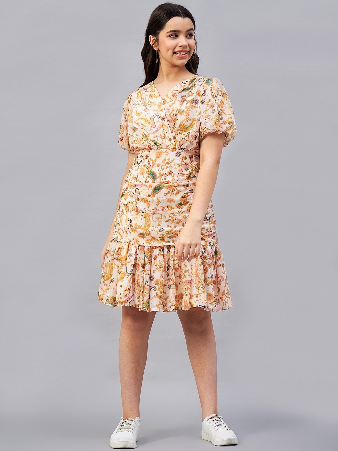 

Antheaa Girls Cream Paisley Printed Puff Sleeve Gathered Tiered A-Line Dress