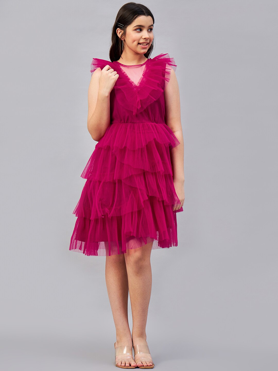 

Antheaa Girls Pink Round Neck Flutter Sleeve Layered Fit & Flare Dress