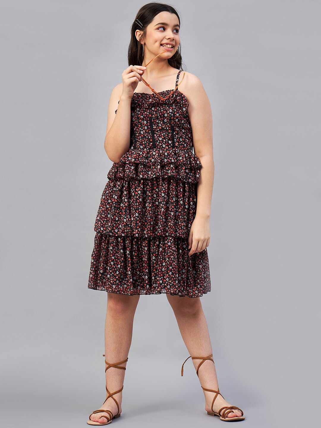 

Antheaa Girls Black And White Floral Printed Shoulder Straps Layered Fit & Flare Dress