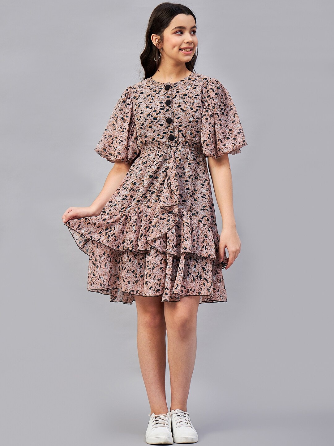 

Antheaa Girls Pink And Black Floral Printed Puff Sleeve Layered Fit & Flare Dress