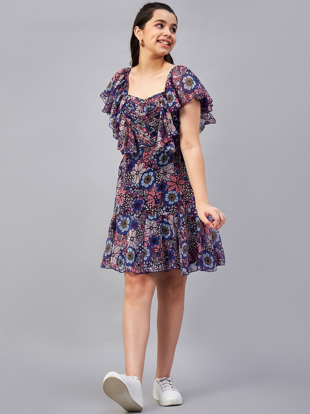 

Antheaa Girls Purple Floral Printed Flutter Sleeves Pleated A-Line Dress