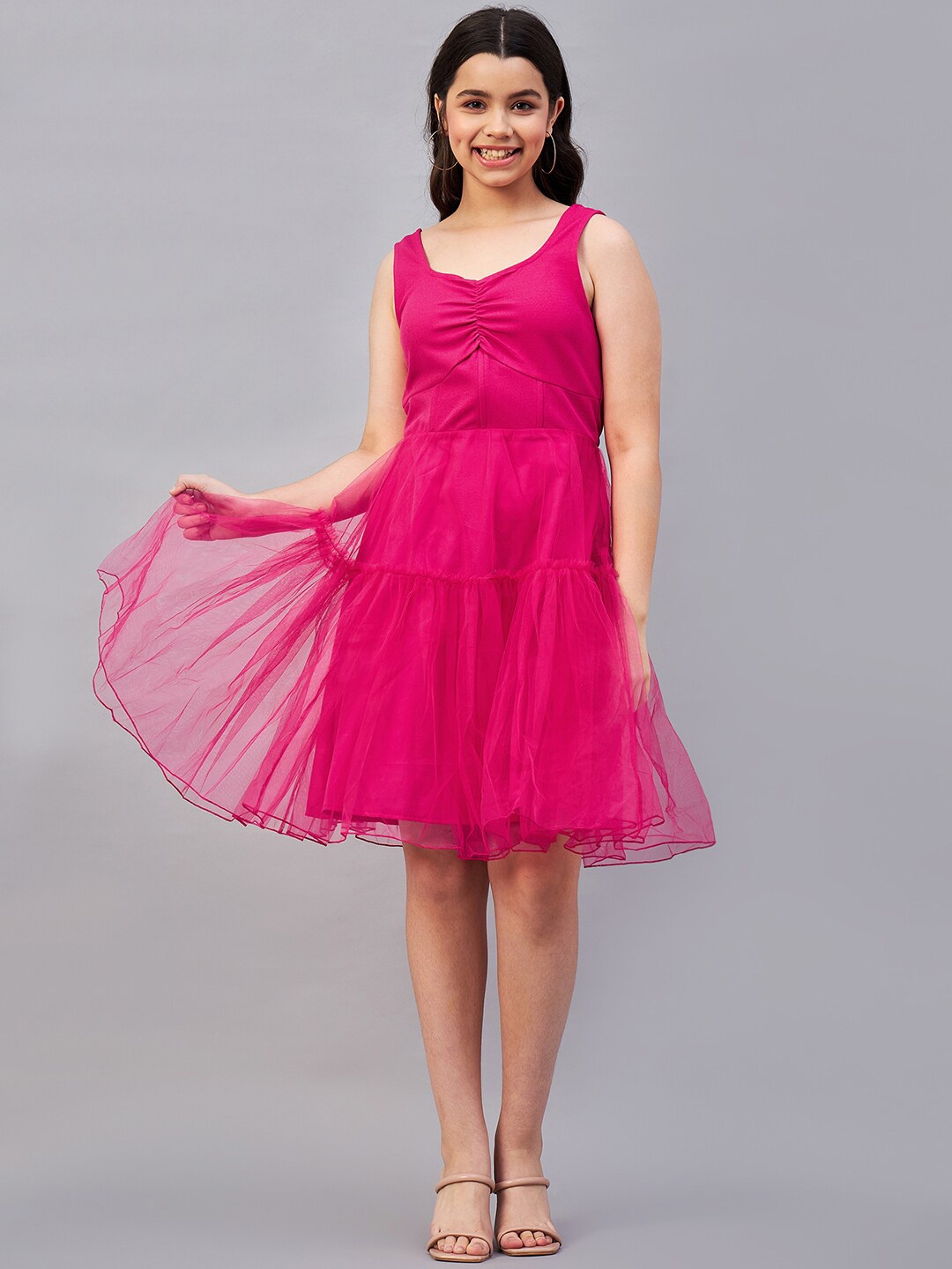 

Antheaa Girls Pink Gathered Tiered Fit & Flare Dress