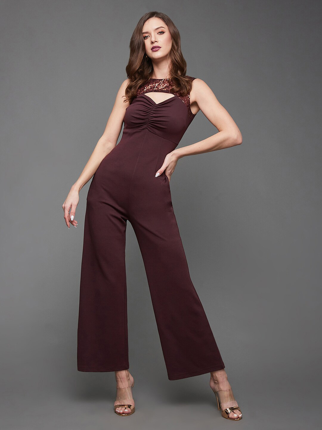 

Miss Chase Burgundy Sleeves Basic Jumpsuit