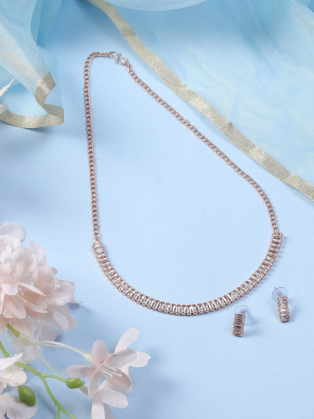

PRIVIU Rose Gold-Plated CZ-Studded & Beaded Necklace & Earrings