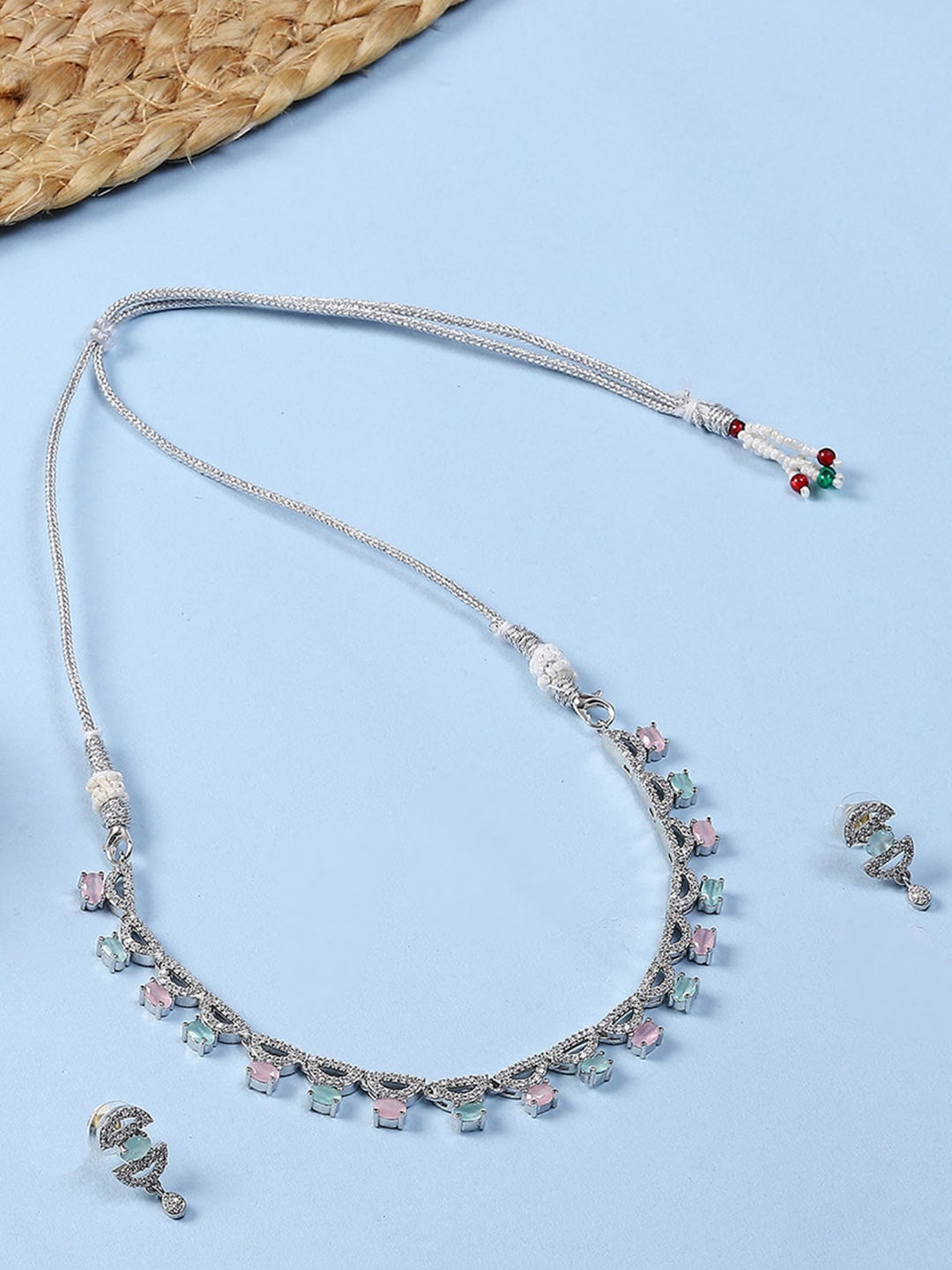 PRIVIU Rhodium-Plated AD-Studded Necklace & Earrings, Silver