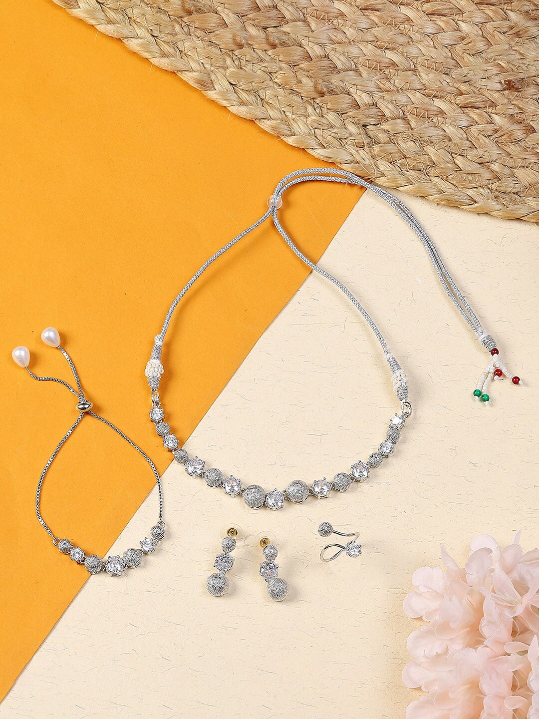 

PRIVIU Rhodium-Plated AD -Studded Necklace & Earrings with Ring Bracelet, Silver