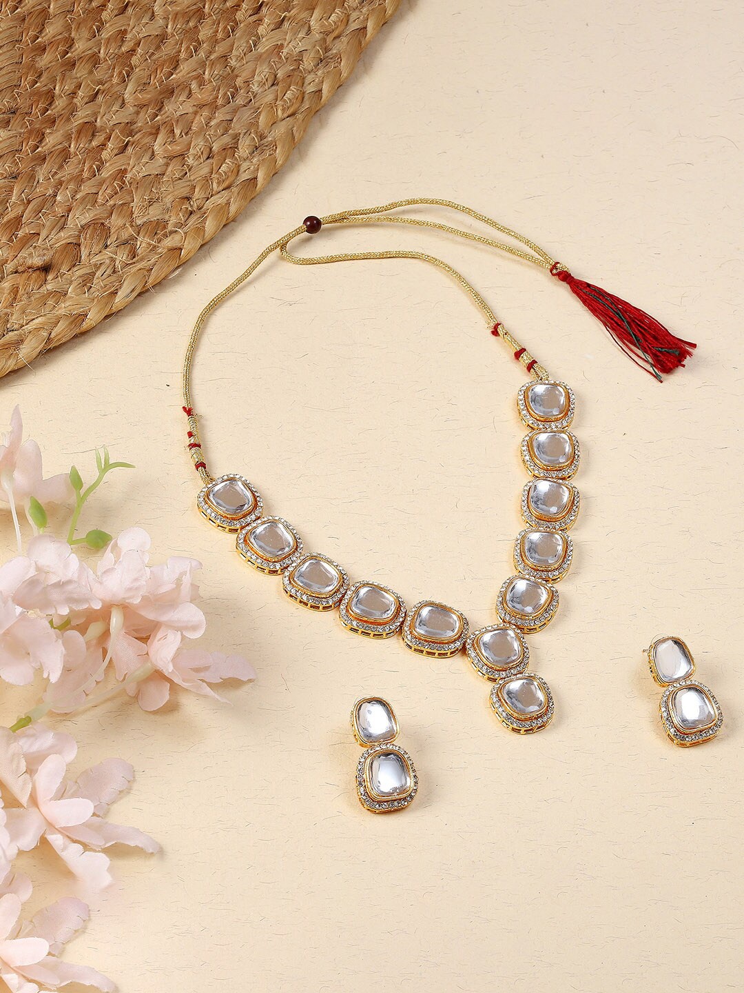 

PRIVIU Gold-Plated American Diamond Kundan Necklace & Earrings