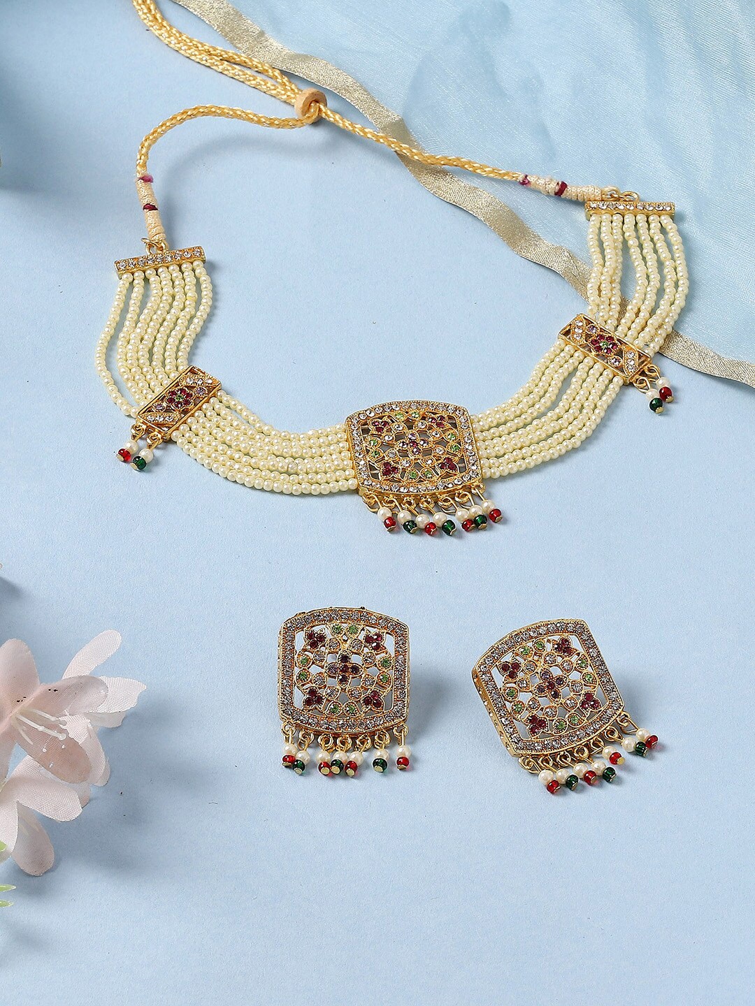 PRIVIU Gold-Plated Stone-Studded & Pearls Beaded Choker Necklace Jewellery Set