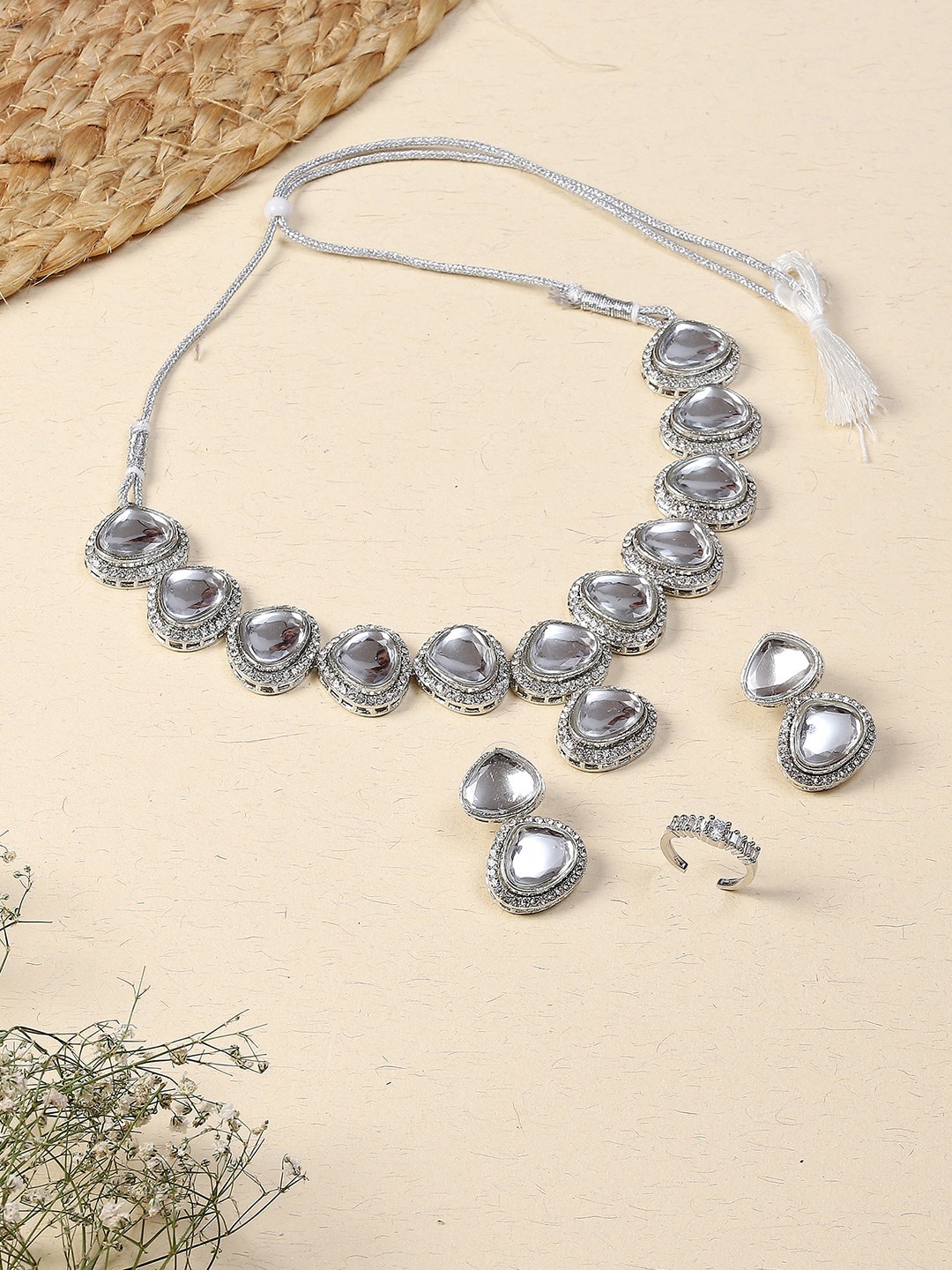 

PRIVIU Rhodium-Plated Kundan & AD-Studded Jewellery Set, Silver