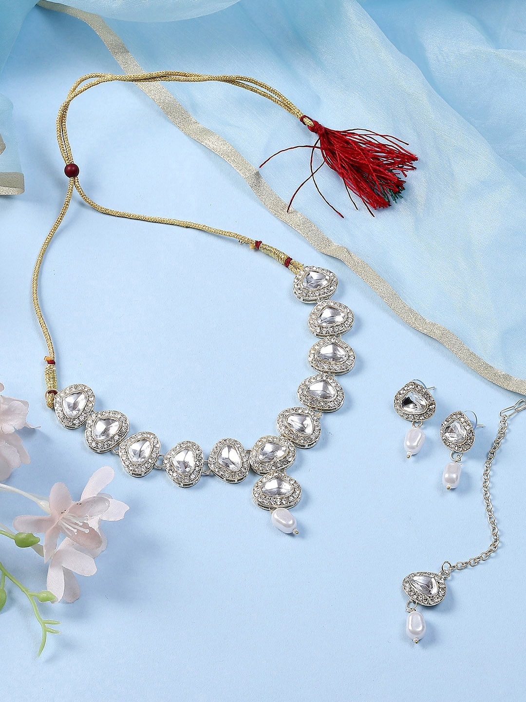 

PRIVIU Gold-Plated Crystals-Studded & Beaded Jewellery Set