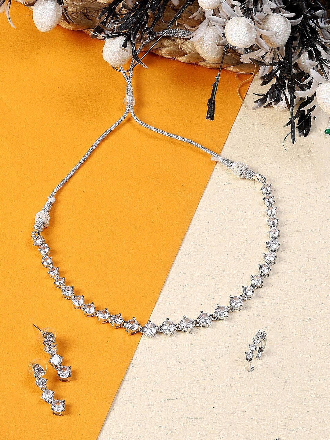 

PRIVIU Rhodium-Plated & AD Studded Jewellery Set, Silver