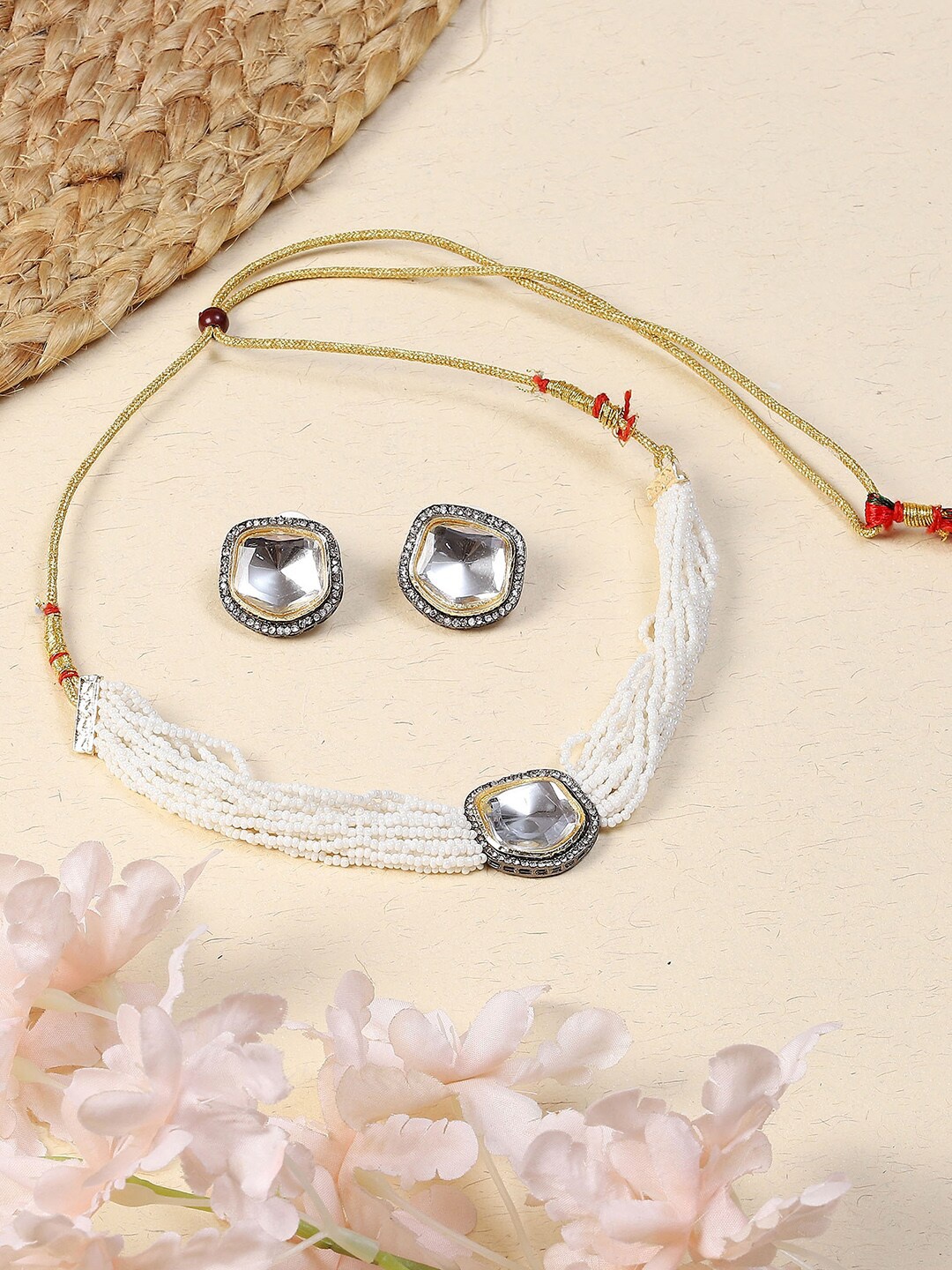 

PRIVIU Gold-Plated Stone-Studded & Beaded Jewellery Set