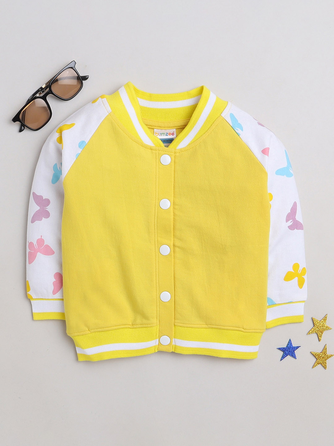 

BUMZEE Infant Girls Printed Lightweight Cotton Varsity Jacket, Yellow